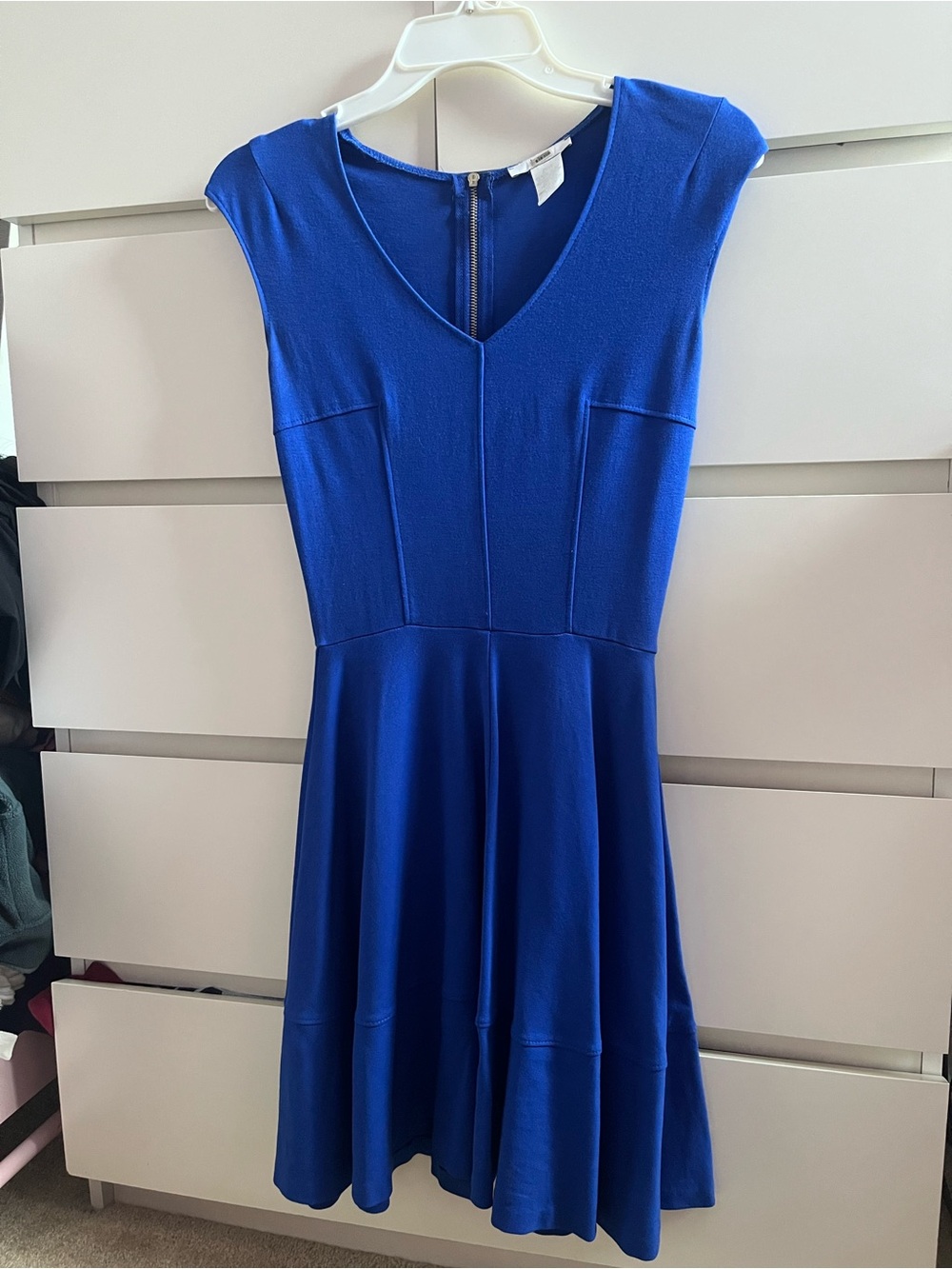 Cap-Sleeve Fit & Flare V-Neck Dress in Royal Blue